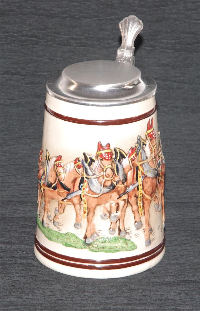 Bierkrug Pferdegespann Porzellan Zinndeckel Kössinger