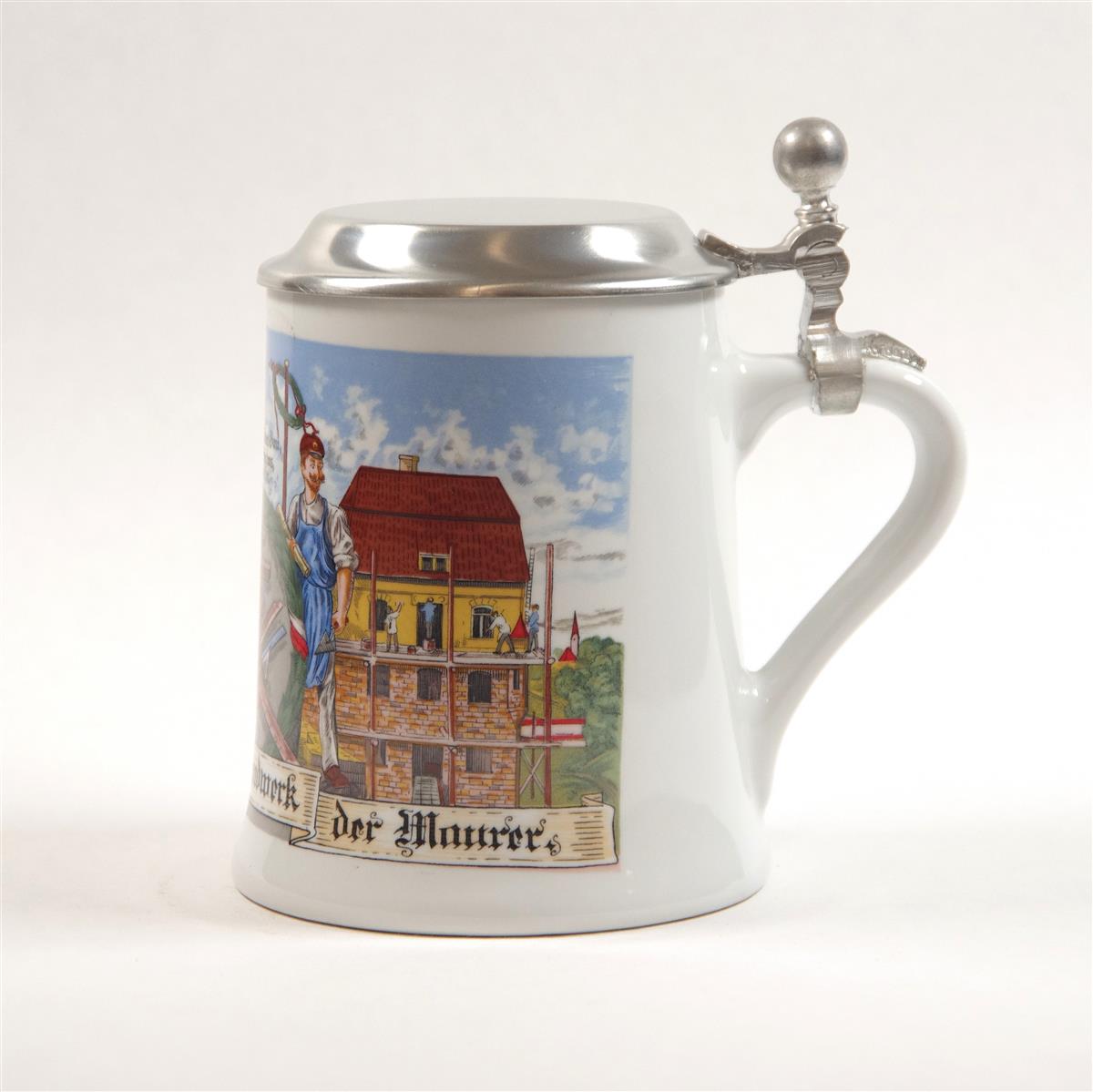 Bierkrug Maurer Porzellan Zinndeckel Dr. Merkle