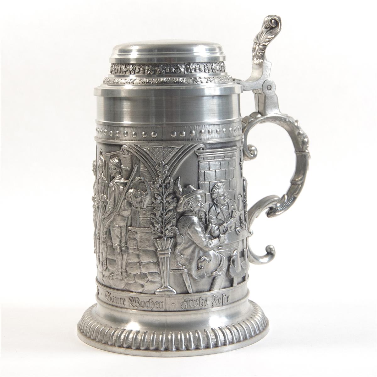 Bierkrug Humpen 1l Tagesarbeit - Frohe Feste, Zinnkrug Zinndeckel