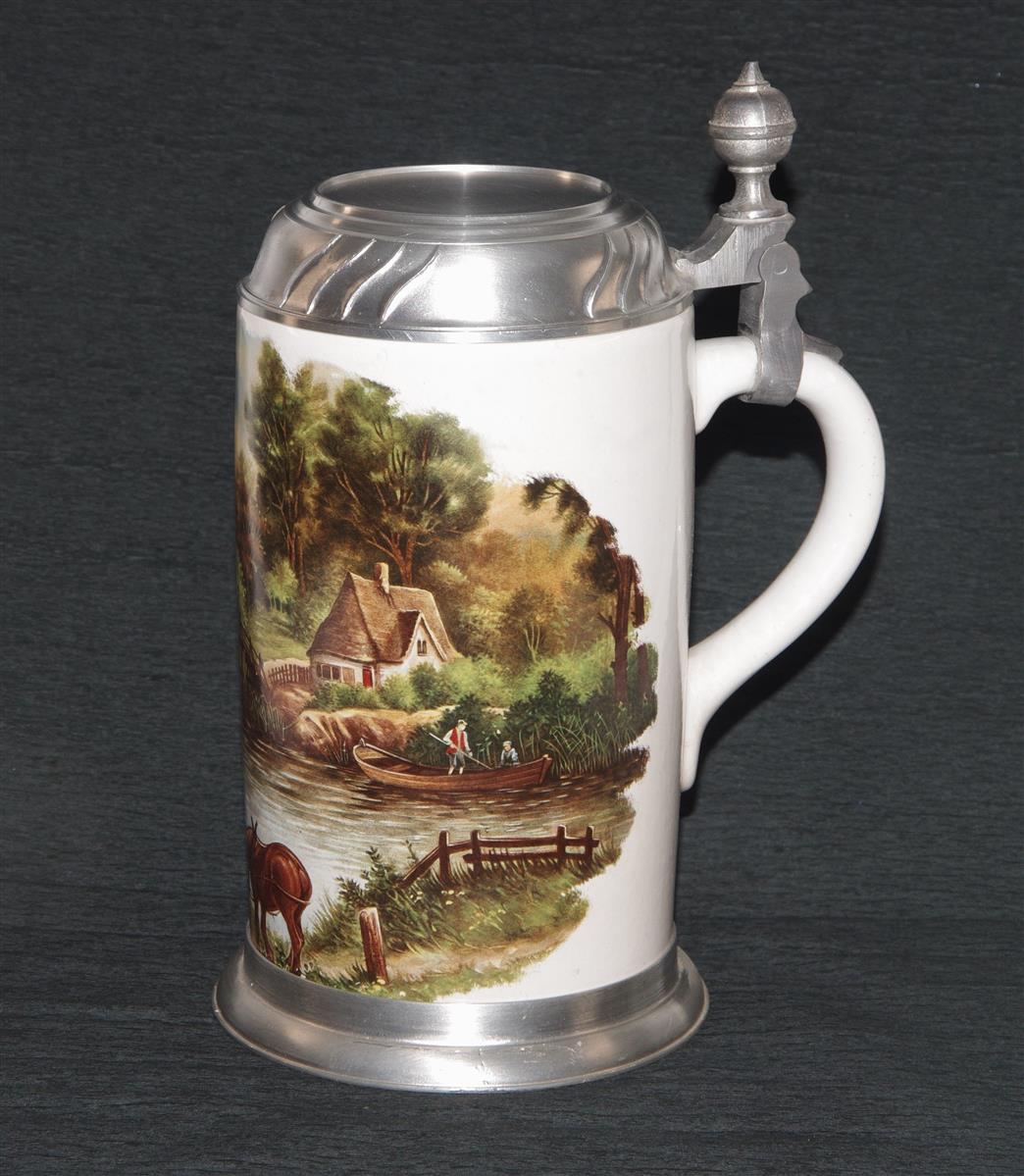 Bierkrug Porzellan Zinndeckel Landschaft