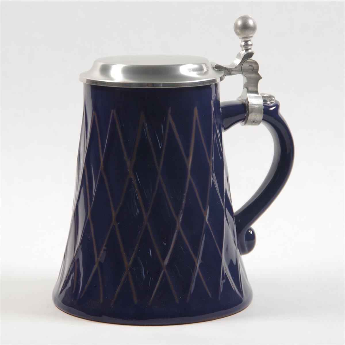 Bierkrug Rauten Porzellan Zinndeckel