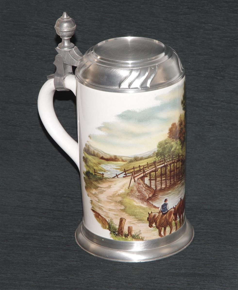 Bierkrug Porzellan Zinndeckel Landschaft