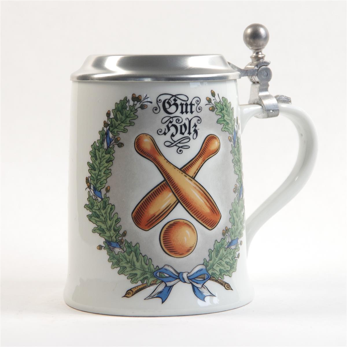 Bierkrug Kegeln Porzellan Zinndeckel Dr. Merkle
