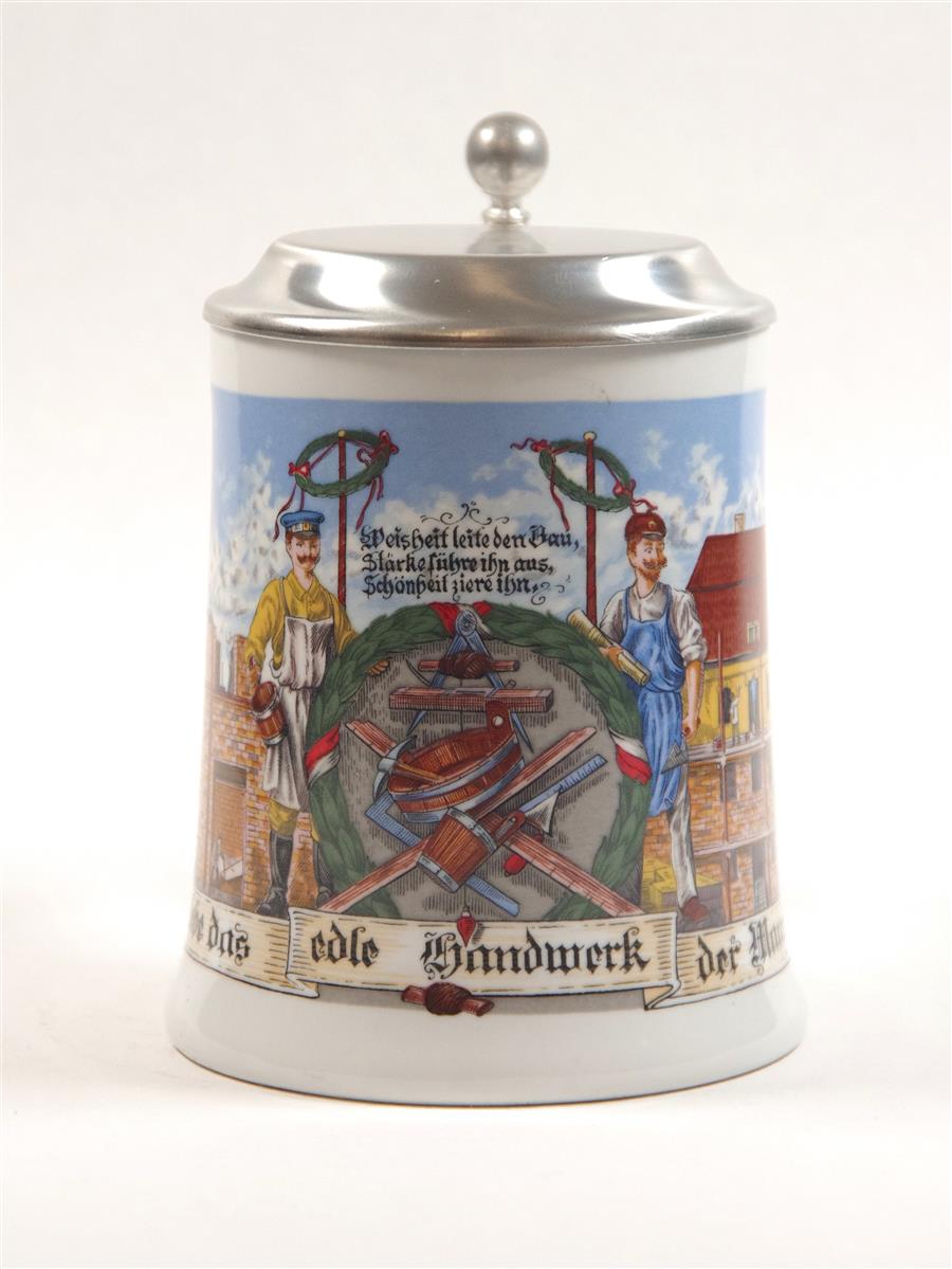 Bierkrug Maurer Porzellan Zinndeckel Dr. Merkle