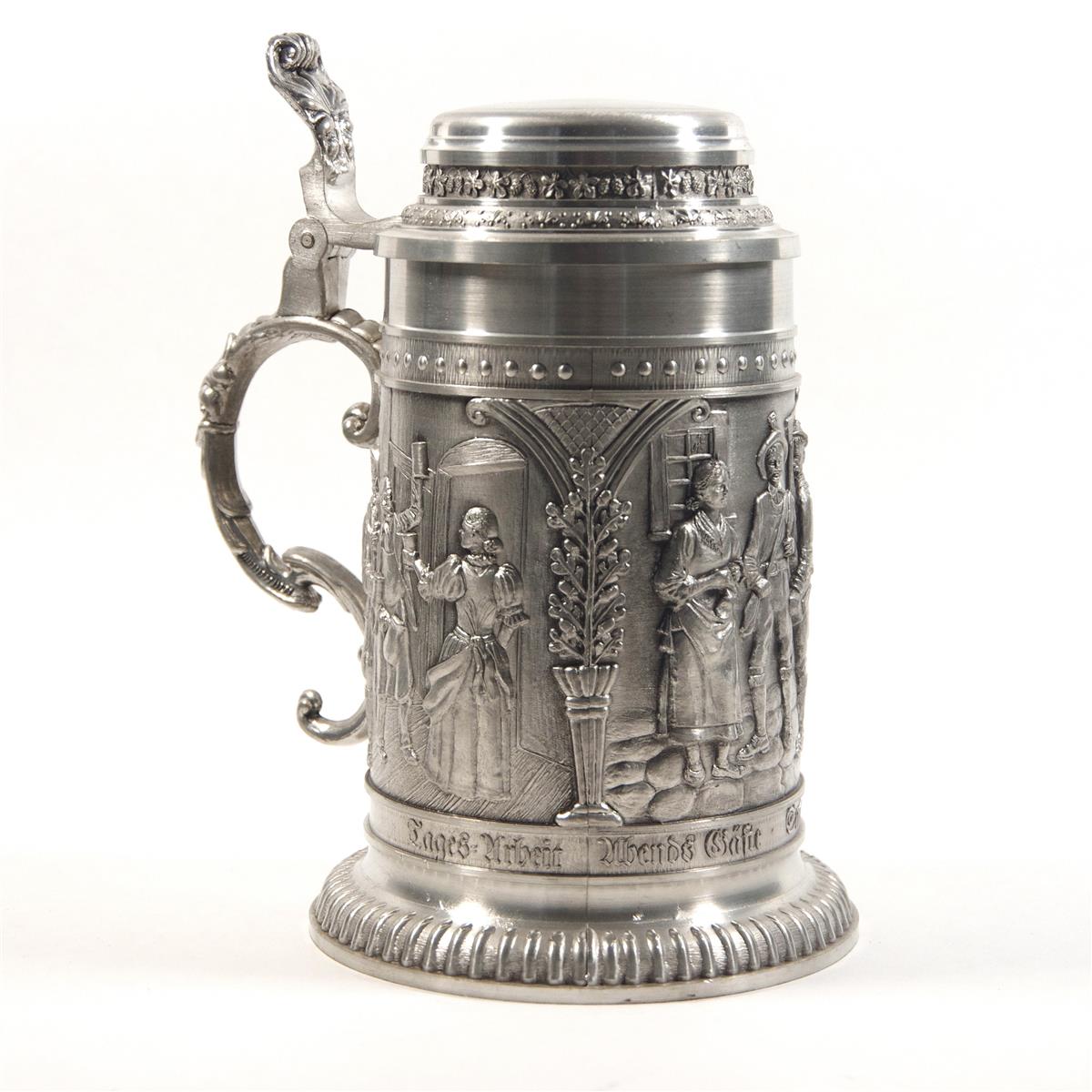Bierkrug Humpen 1l Tagesarbeit - Frohe Feste, Zinnkrug Zinndeckel