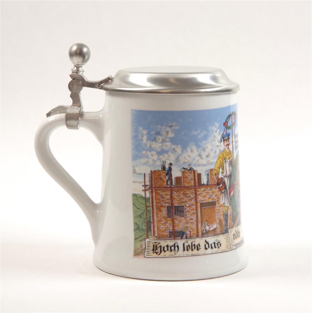 Bierkrug Maurer Porzellan Zinndeckel Dr. Merkle