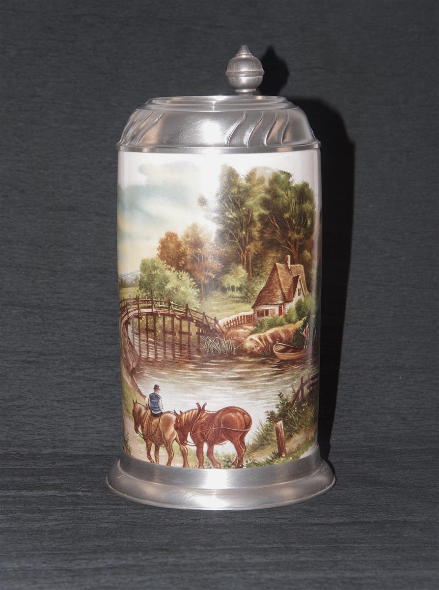 Bierkrug Porzellan Zinndeckel Landschaft