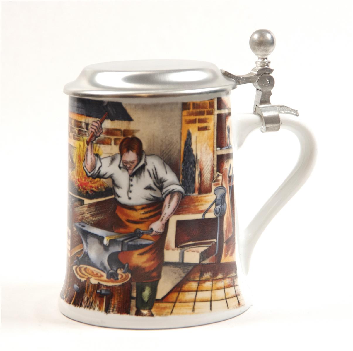 Bierkrug Schmied Porzellan Zinndeckel Dr. Merkle